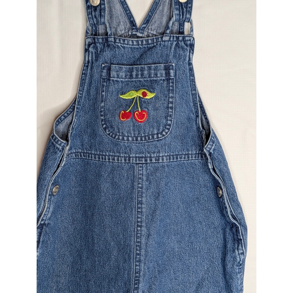 Kids vtg Denim Shortalls Overalls Cherry Embroidery Size 6 J Khaki Medium Wash
